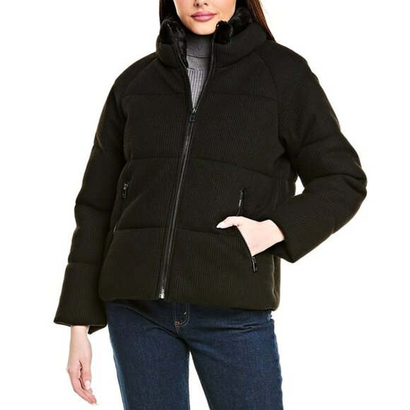 Tahari Women's Black Knit Faux-Fur-Collar Puffer Coat Size M (MSRP $280) - Picture 1 of 9